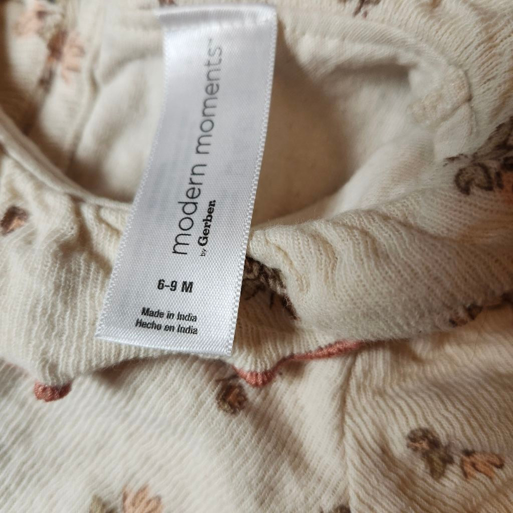 Baby Gerber Beige Floral Bodysuit 6-9 Months with Pink Trim - Picture 3 of 4